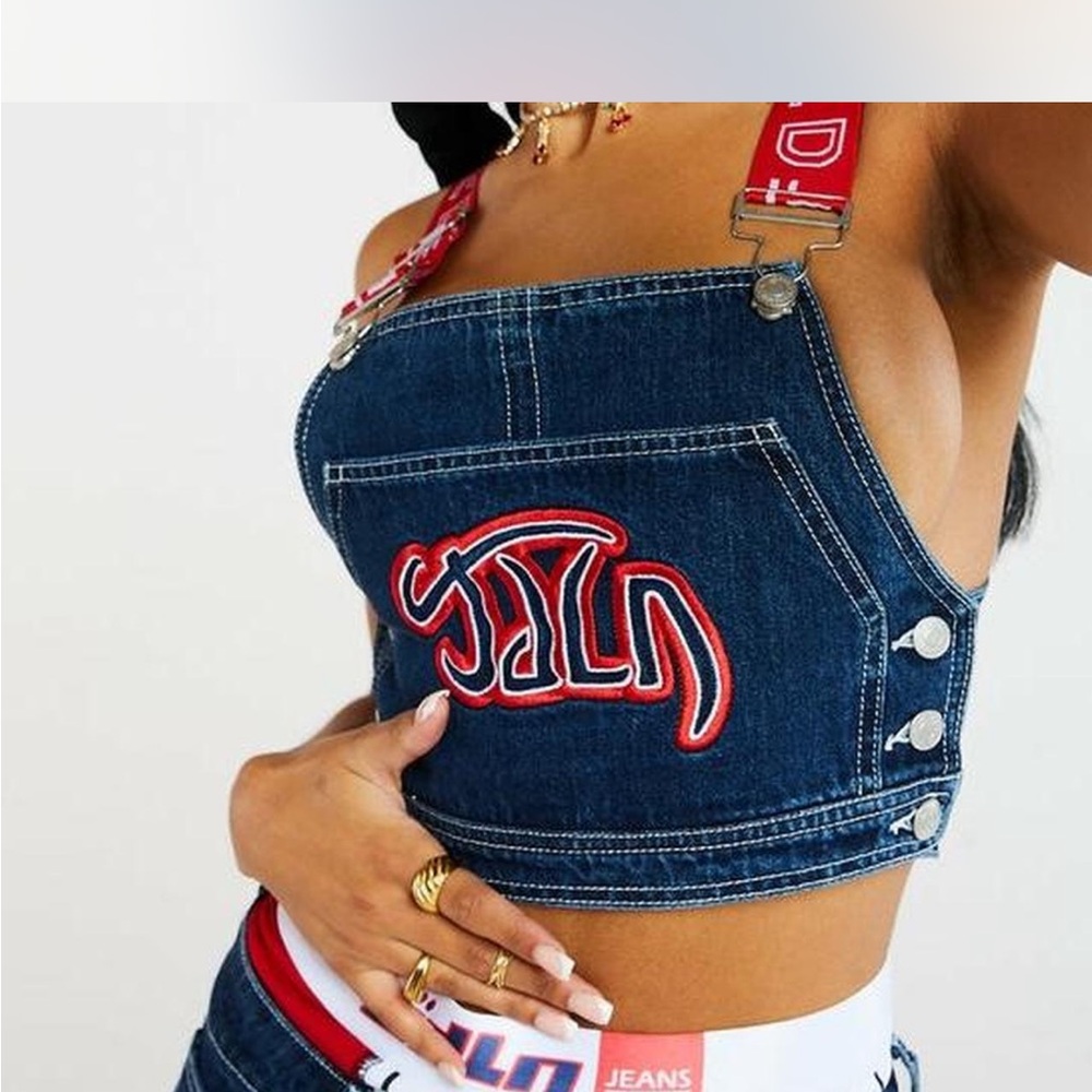 Jaded London Dark Blue Denim Overall Crop Top with Red Accents